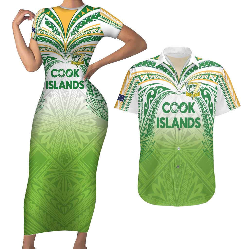 Custom Cook Islands Rugby League Couples Matching Short Sleeve Bodycon Dress and Hawaiian Shirt Tatau Tribal Motifs-Light Green Color - Polynesian Pride
