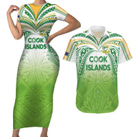 Custom Cook Islands Rugby League Couples Matching Short Sleeve Bodycon Dress and Hawaiian Shirt Tatau Tribal Motifs-Light Green Color - Polynesian Pride