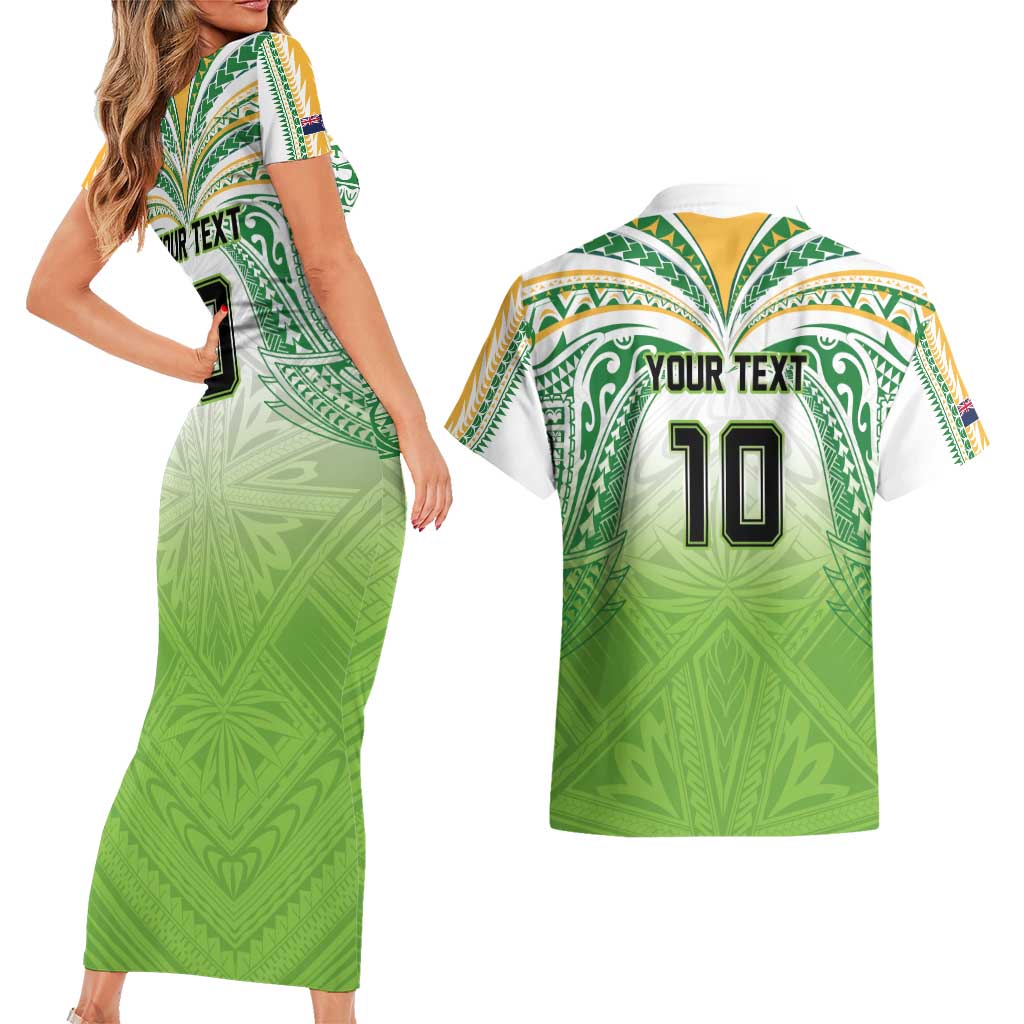 Custom Cook Islands Rugby League Couples Matching Short Sleeve Bodycon Dress and Hawaiian Shirt Tatau Tribal Motifs-Light Green Color - Polynesian Pride
