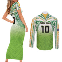 Custom Cook Islands Rugby League Couples Matching Short Sleeve Bodycon Dress and Long Sleeve Button Shirt Tatau Tribal Motifs-Light Green Color - Polynesian Pride