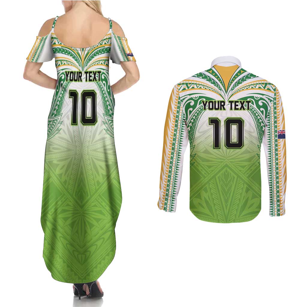 Custom Cook Islands Rugby League Couples Matching Summer Maxi Dress and Long Sleeve Button Shirt Tatau Tribal Motifs-Light Green Color - Polynesian Pride