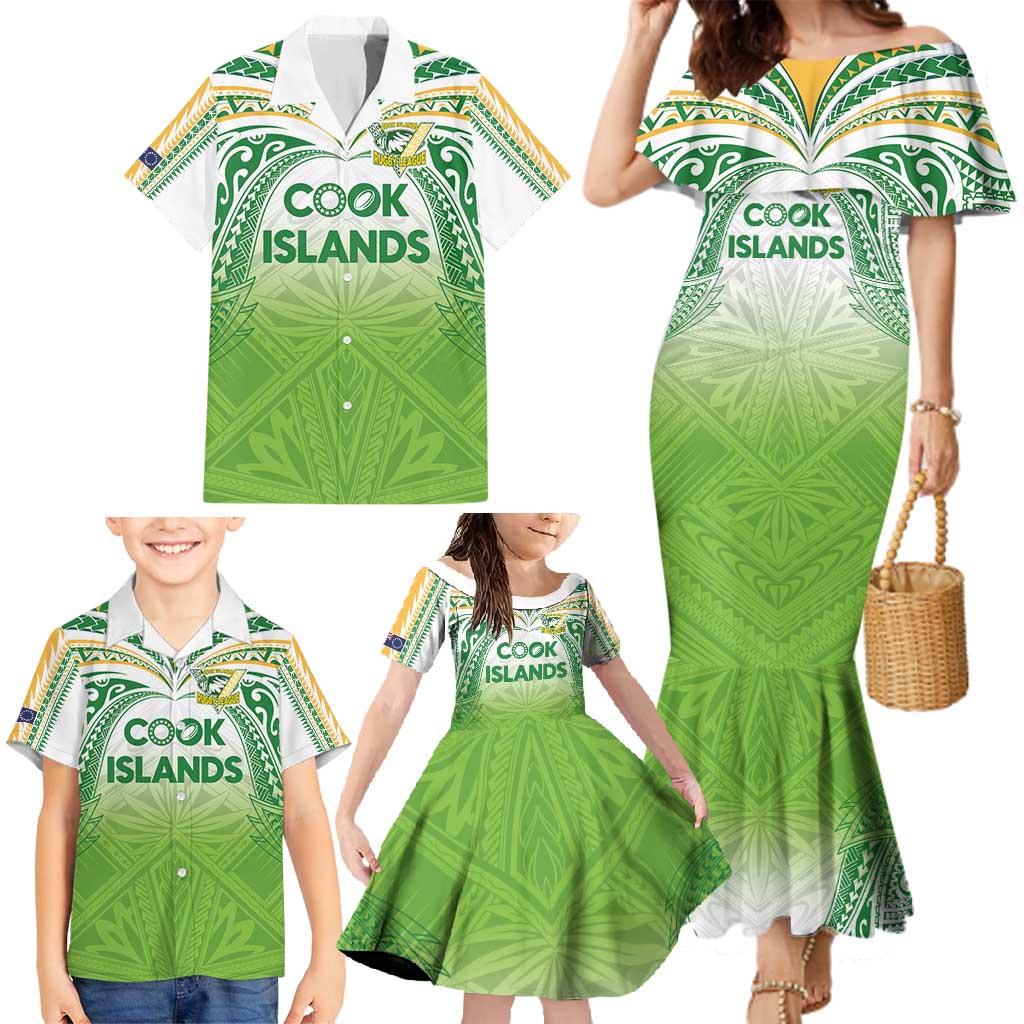 Custom Cook Islands Rugby League Family Matching Mermaid Dress and Hawaiian Shirt Tatau Tribal Motifs-Light Green Color - Polynesian Pride