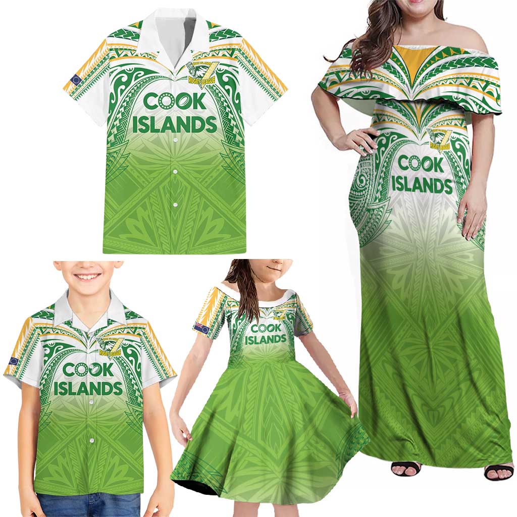 Custom Cook Islands Rugby League Family Matching Off Shoulder Maxi Dress and Hawaiian Shirt Tatau Tribal Motifs-Light Green Color - Polynesian Pride