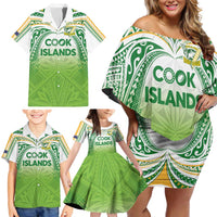 Custom Cook Islands Rugby League Family Matching Off Shoulder Short Dress and Hawaiian Shirt Tatau Tribal Motifs-Light Green Color - Polynesian Pride