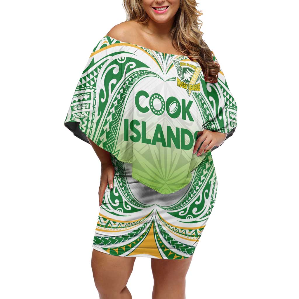 Custom Cook Islands Rugby League Family Matching Off Shoulder Short Dress and Hawaiian Shirt Tatau Tribal Motifs-Light Green Color - Polynesian Pride