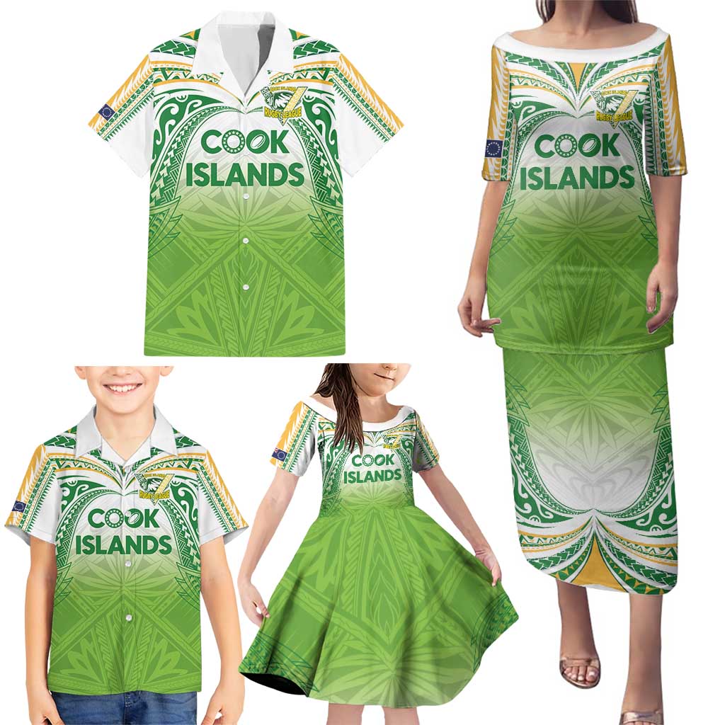 Custom Cook Islands Rugby League Family Matching Puletasi and Hawaiian Shirt Tatau Tribal Motifs-Light Green Color - Polynesian Pride