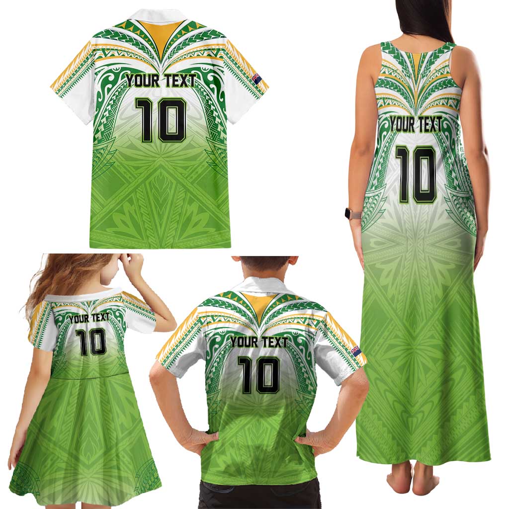 Custom Cook Islands Rugby League Family Matching Tank Maxi Dress and Hawaiian Shirt Tatau Tribal Motifs-Light Green Color - Polynesian Pride