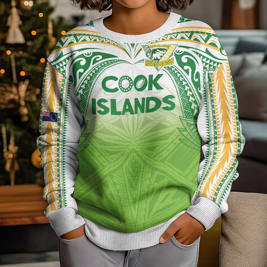 Custom Cook Islands Rugby League Kid Ugly Christmas Sweater Tatau Tribal Motifs-Light Green Color - Polynesian Pride