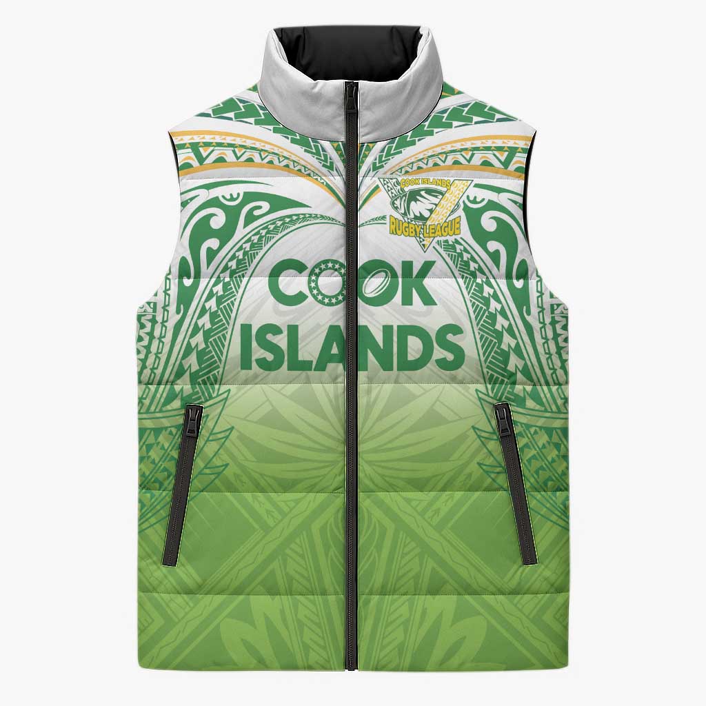 Custom Cook Islands Rugby League Sleeveless Puffer Jacket Tatau Tribal Motifs-Light Green Color - Polynesian Pride