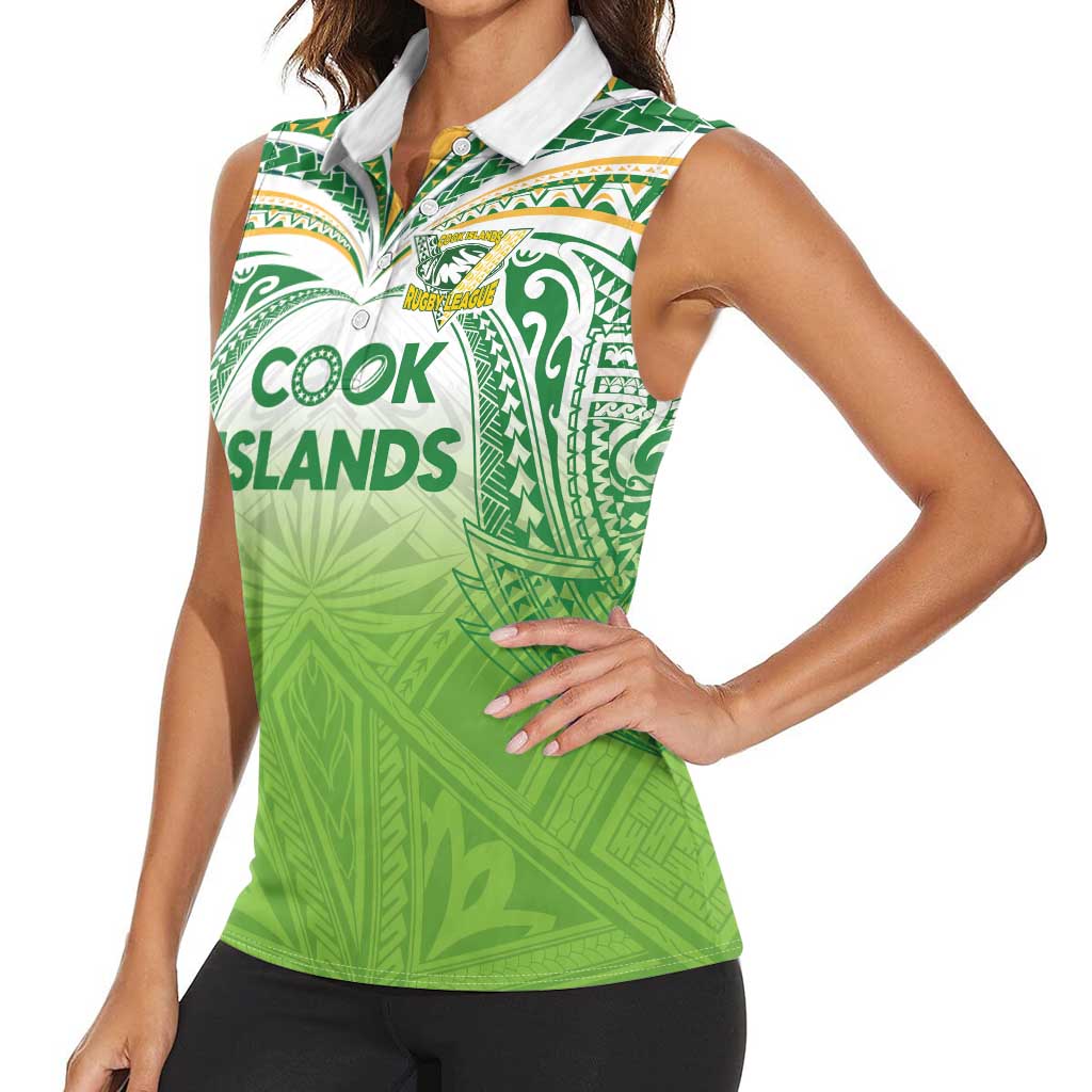 Custom Cook Islands Rugby League Women Sleeveless Polo Shirt Tatau Tribal Motifs-Light Green Color - Polynesian Pride