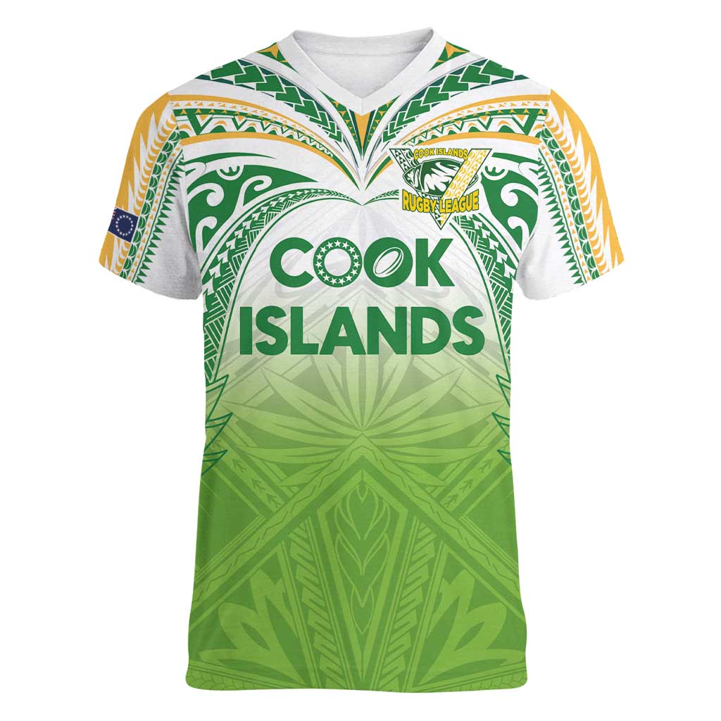 Custom Cook Islands Rugby League Women V-Neck T-Shirt Tatau Tribal Motifs-Light Green Color - Polynesian Pride