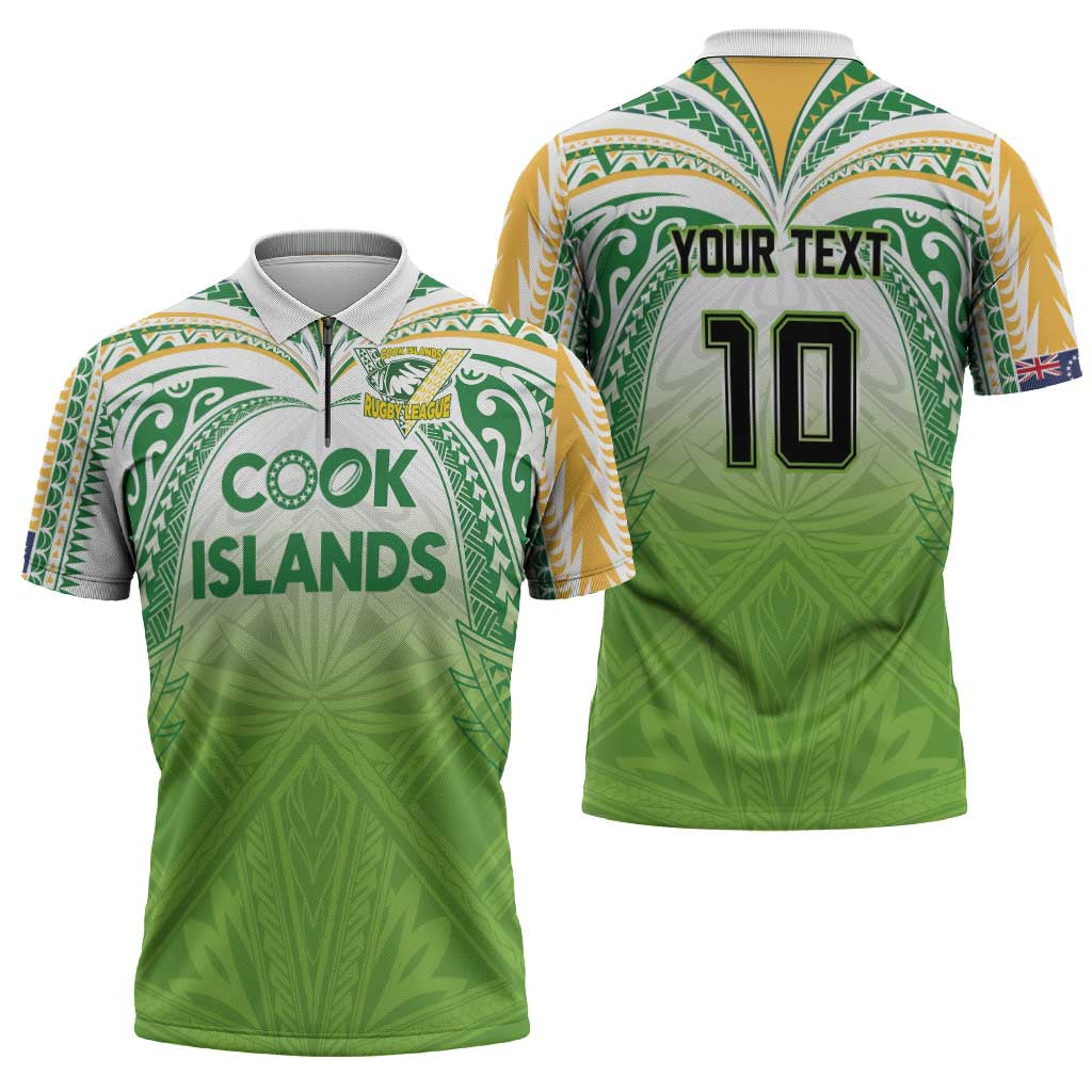 Custom Cook Islands Rugby League Zipper Polo Shirt Tatau Tribal Motifs-Light Green Color - Polynesian Pride
