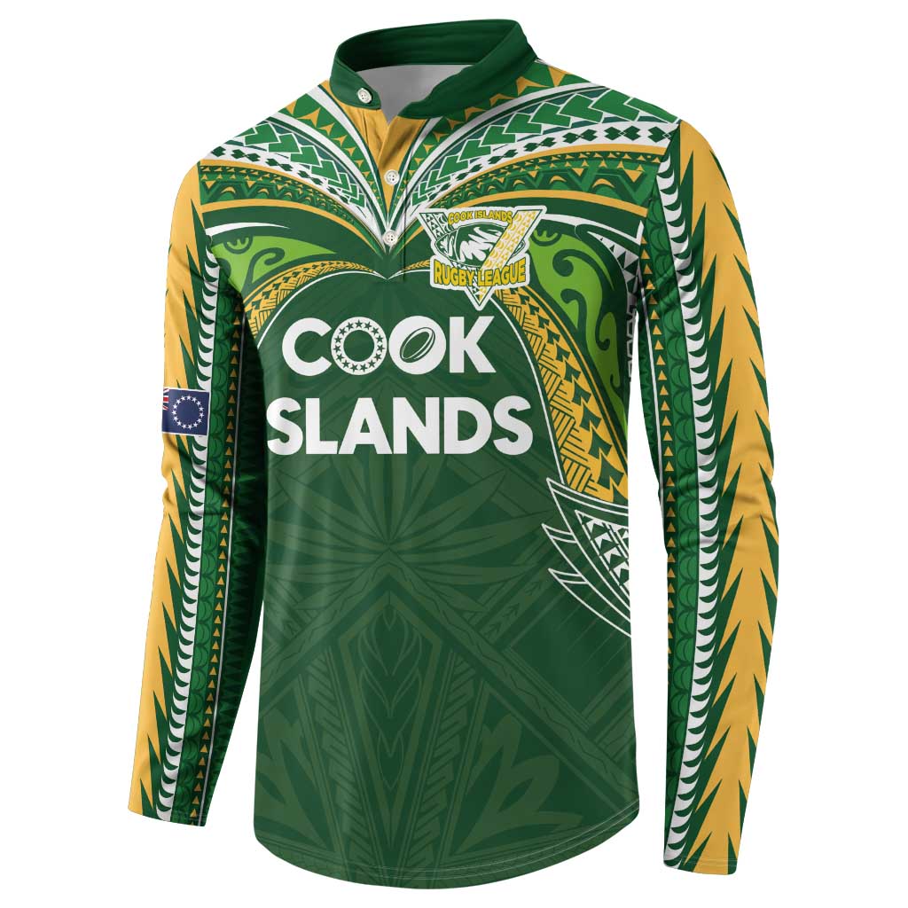 Custom Cook Islands Rugby League Button Sweatshirt Tatau Tribal Motifs-Dark Green Color - Polynesian Pride