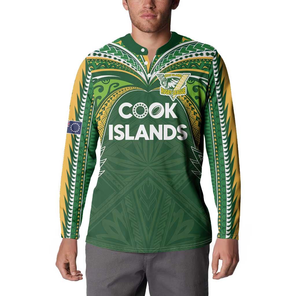 Custom Cook Islands Rugby League Button Sweatshirt Tatau Tribal Motifs-Dark Green Color - Polynesian Pride