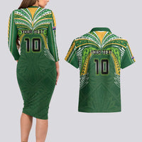 Custom Cook Islands Rugby League Couples Matching Long Sleeve Bodycon Dress and Hawaiian Shirt Tatau Tribal Motifs-Dark Green Color - Polynesian Pride
