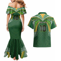 Custom Cook Islands Rugby League Couples Matching Mermaid Dress and Hawaiian Shirt Tatau Tribal Motifs-Dark Green Color - Polynesian Pride