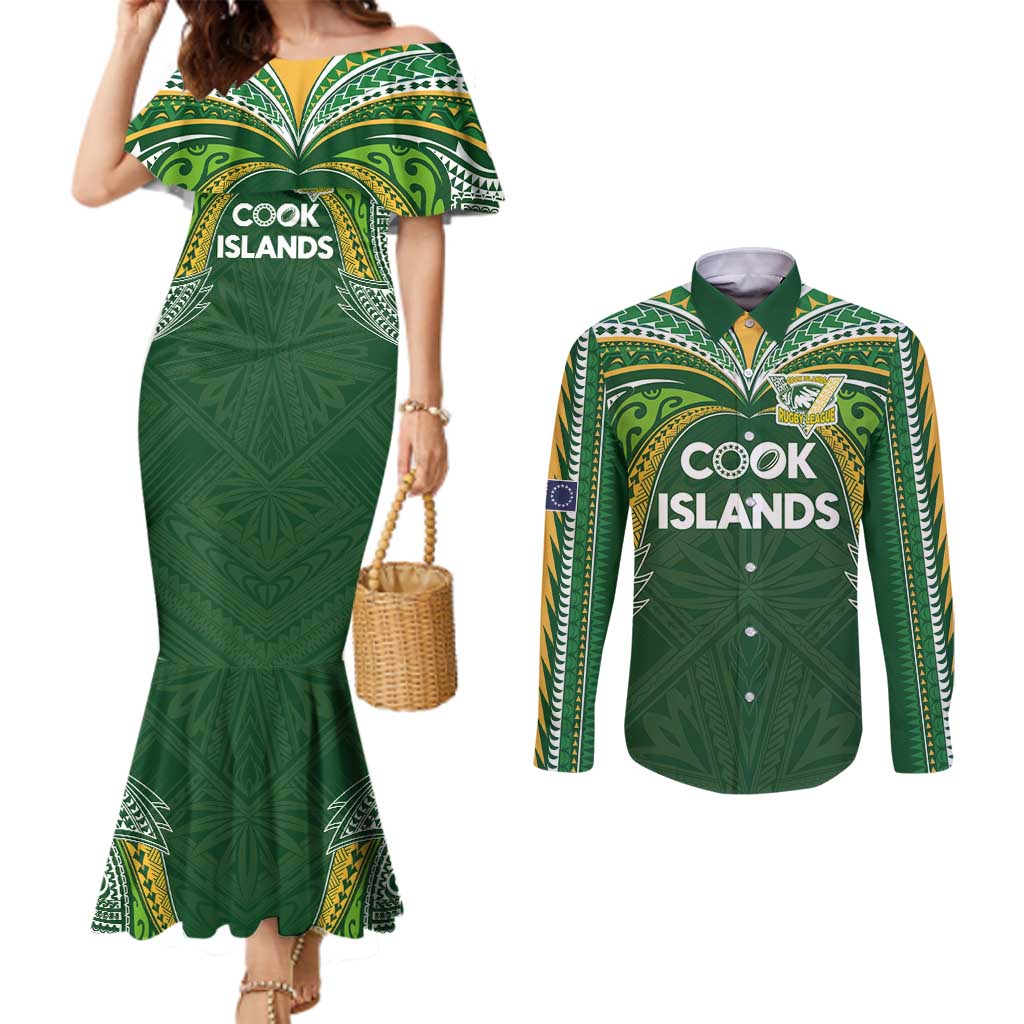 Custom Cook Islands Rugby League Couples Matching Mermaid Dress and Long Sleeve Button Shirt Tatau Tribal Motifs-Dark Green Color - Polynesian Pride