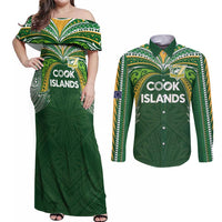 Custom Cook Islands Rugby League Couples Matching Off Shoulder Maxi Dress and Long Sleeve Button Shirt Tatau Tribal Motifs-Dark Green Color - Polynesian Pride
