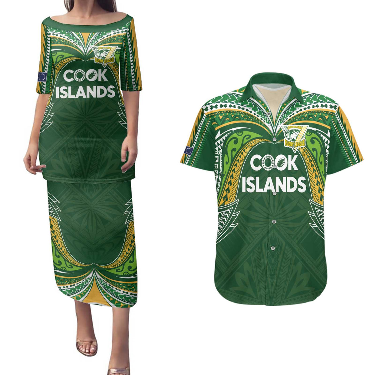 Custom Cook Islands Rugby League Couples Matching Puletasi and Hawaiian Shirt Tatau Tribal Motifs-Dark Green Color - Polynesian Pride