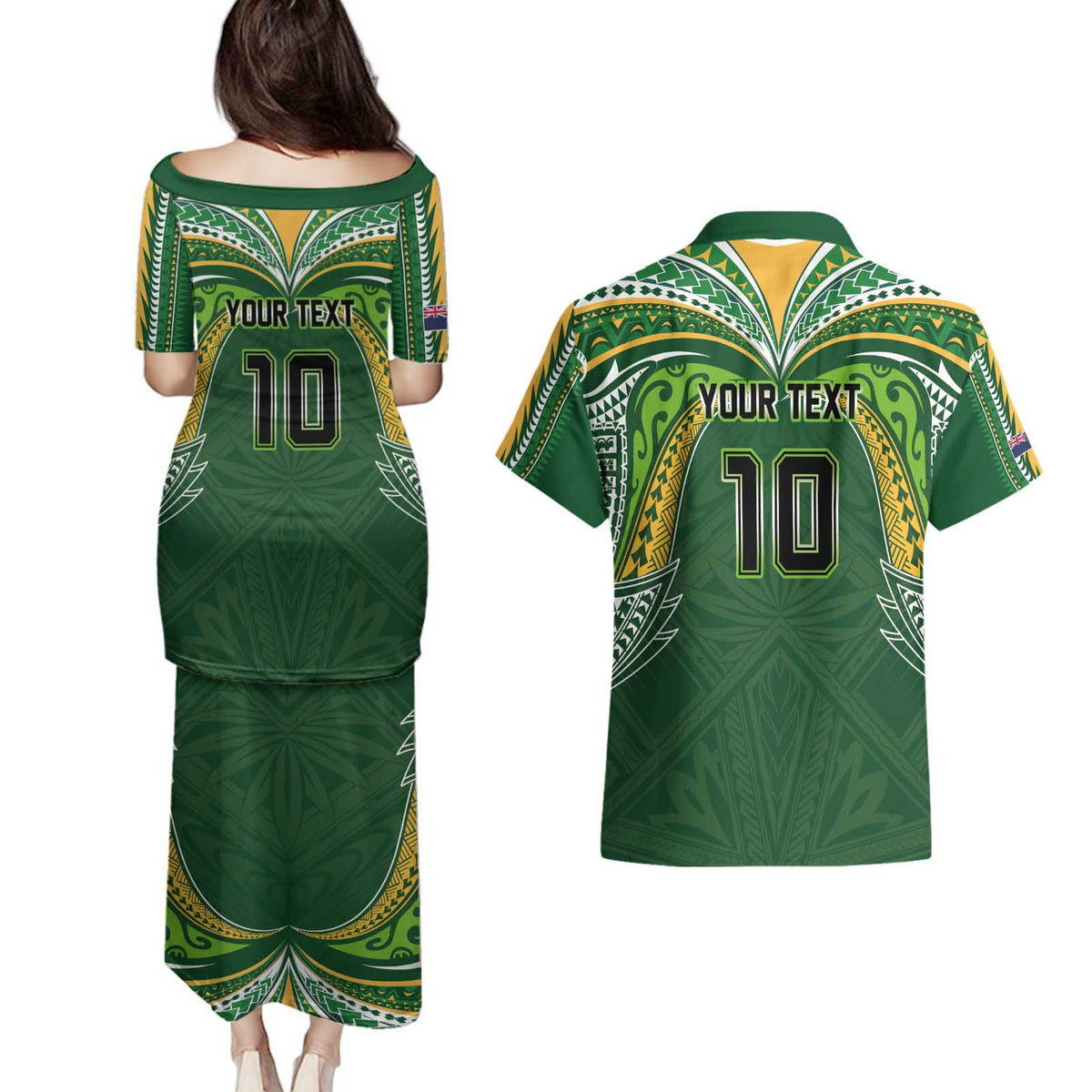 Custom Cook Islands Rugby League Couples Matching Puletasi and Hawaiian Shirt Tatau Tribal Motifs-Dark Green Color - Polynesian Pride