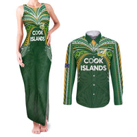 Custom Cook Islands Rugby League Couples Matching Tank Maxi Dress and Long Sleeve Button Shirt Tatau Tribal Motifs-Dark Green Color - Polynesian Pride