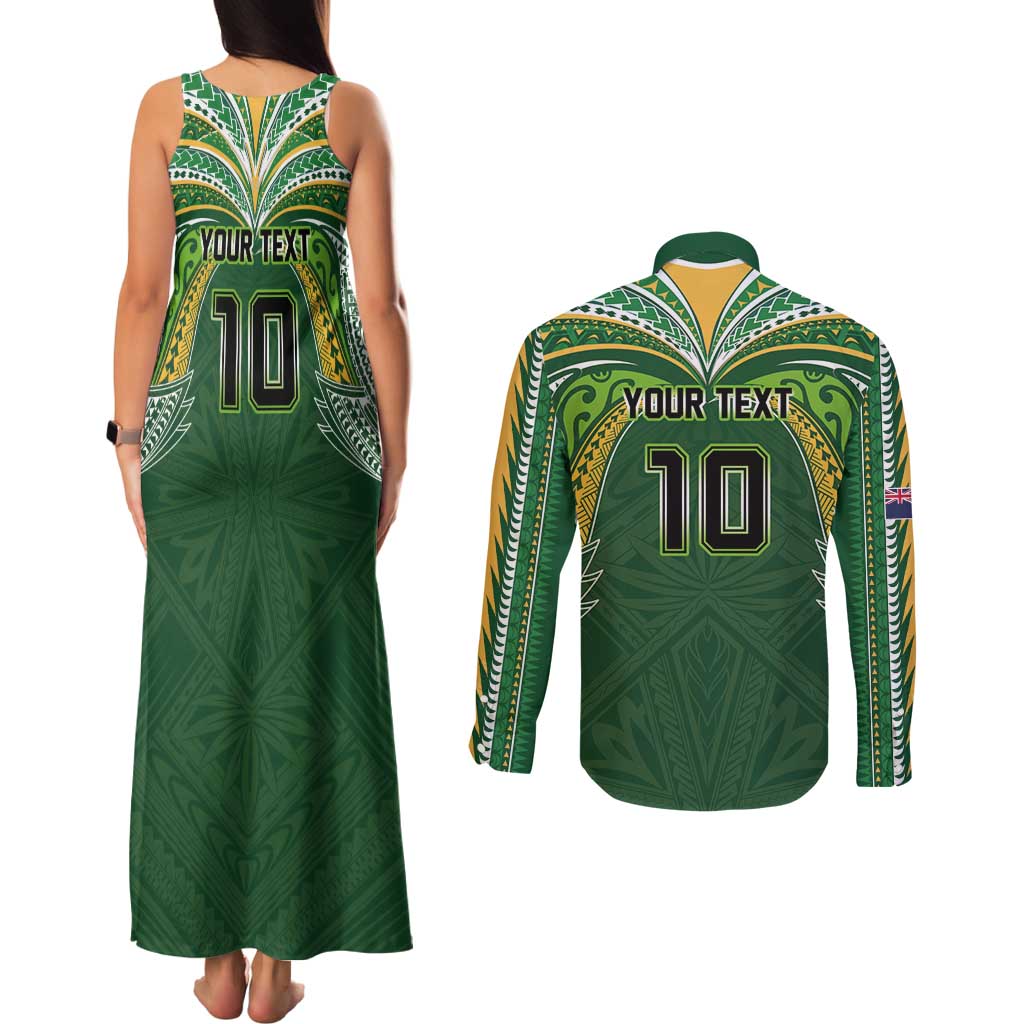 Custom Cook Islands Rugby League Couples Matching Tank Maxi Dress and Long Sleeve Button Shirt Tatau Tribal Motifs-Dark Green Color - Polynesian Pride