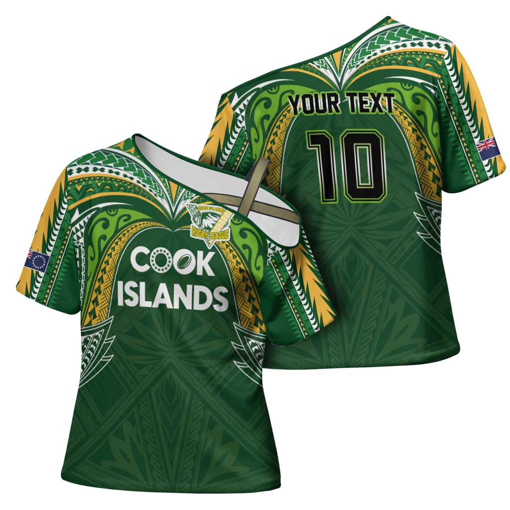 Custom Cook Islands Rugby League Cross Shoulder Shirt Tatau Tribal Motifs-Dark Green Color - Polynesian Pride