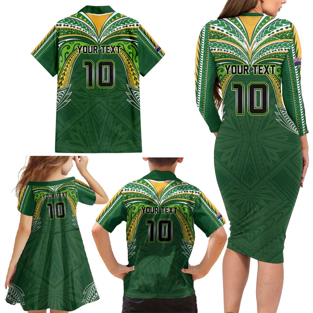 Custom Cook Islands Rugby League Family Matching Long Sleeve Bodycon Dress and Hawaiian Shirt Tatau Tribal Motifs-Dark Green Color - Polynesian Pride