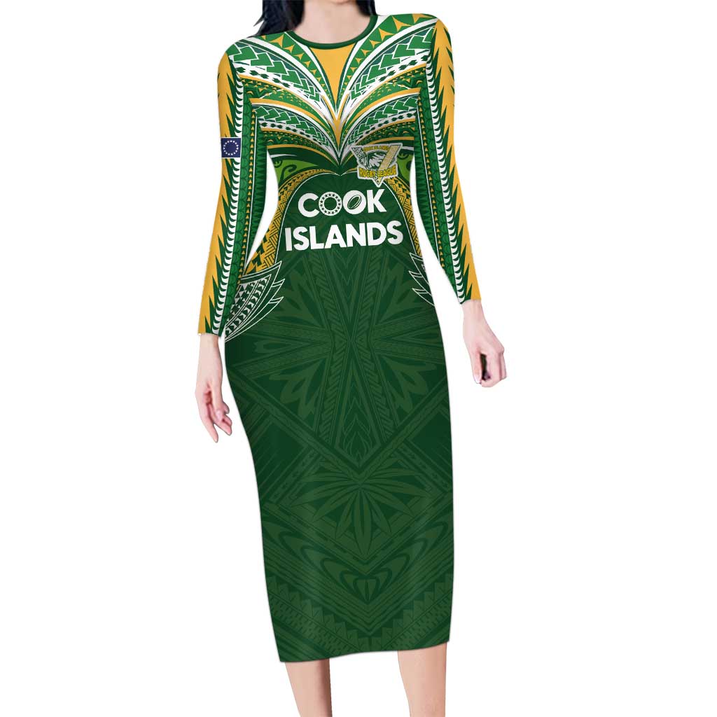 Custom Cook Islands Rugby League Family Matching Long Sleeve Bodycon Dress and Hawaiian Shirt Tatau Tribal Motifs-Dark Green Color - Polynesian Pride