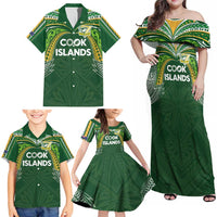 Custom Cook Islands Rugby League Family Matching Off Shoulder Maxi Dress and Hawaiian Shirt Tatau Tribal Motifs-Dark Green Color - Polynesian Pride