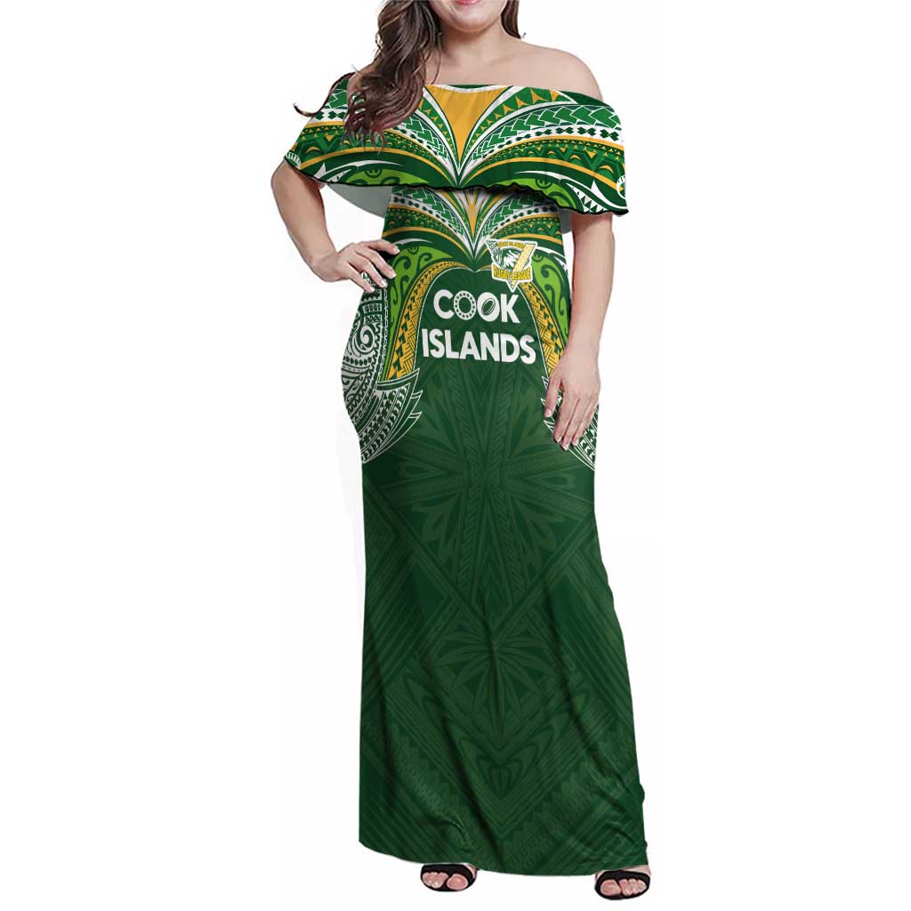 Custom Cook Islands Rugby League Family Matching Off Shoulder Maxi Dress and Hawaiian Shirt Tatau Tribal Motifs-Dark Green Color - Polynesian Pride