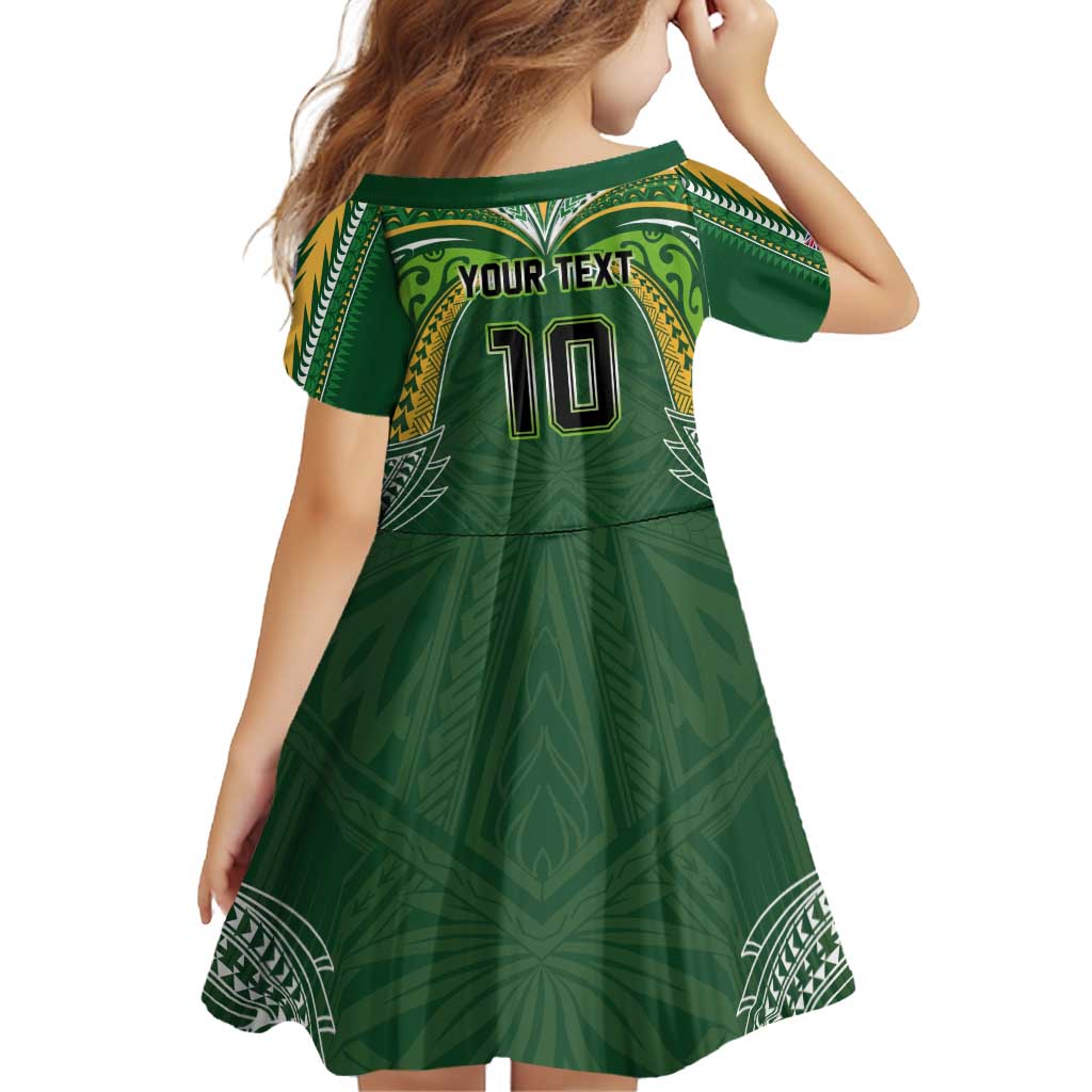 Custom Cook Islands Rugby League Family Matching Off Shoulder Short Dress and Hawaiian Shirt Tatau Tribal Motifs-Dark Green Color - Polynesian Pride