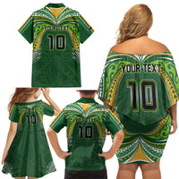 Custom Cook Islands Rugby League Family Matching Off Shoulder Short Dress and Hawaiian Shirt Tatau Tribal Motifs-Dark Green Color - Polynesian Pride