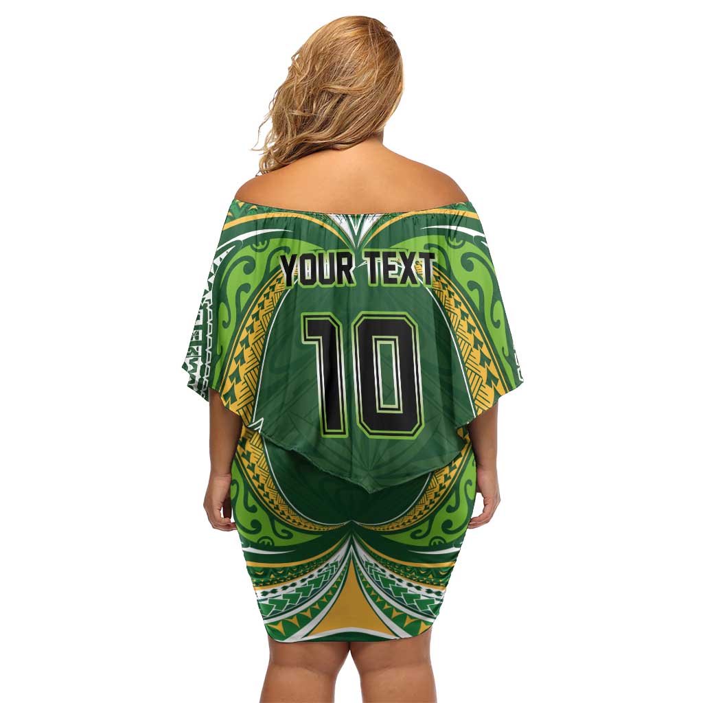 Custom Cook Islands Rugby League Family Matching Off Shoulder Short Dress and Hawaiian Shirt Tatau Tribal Motifs-Dark Green Color - Polynesian Pride
