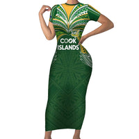 Custom Cook Islands Rugby League Family Matching Short Sleeve Bodycon Dress and Hawaiian Shirt Tatau Tribal Motifs-Dark Green Color - Polynesian Pride