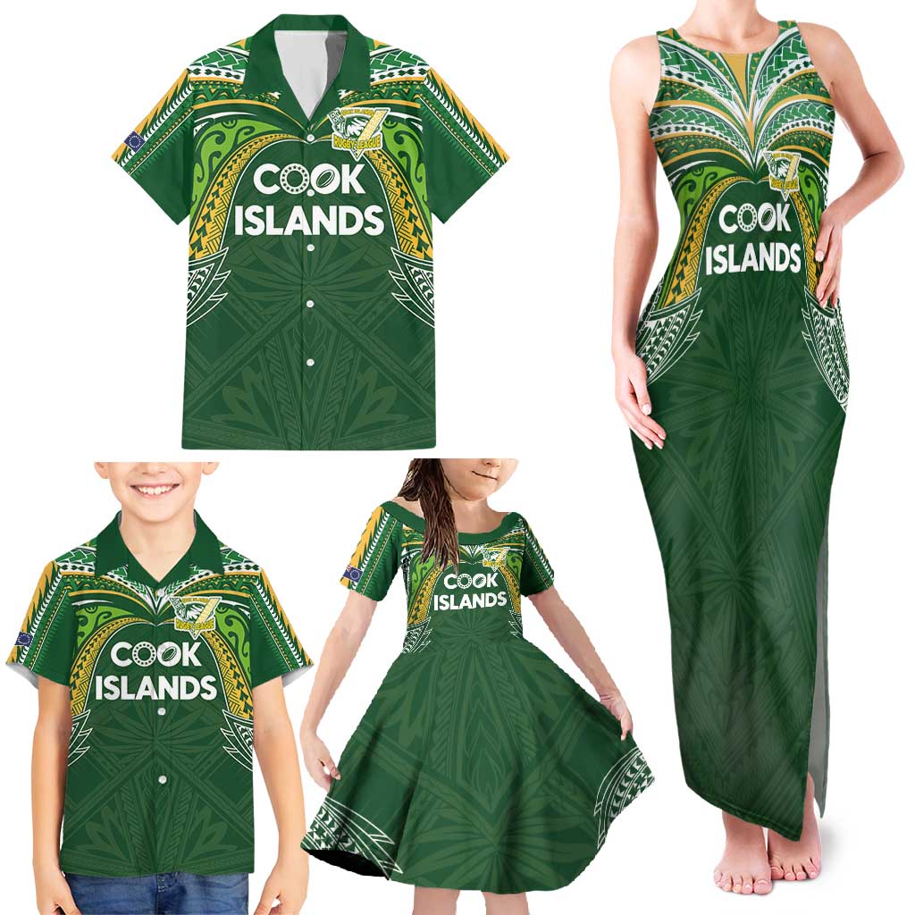 Custom Cook Islands Rugby League Family Matching Tank Maxi Dress and Hawaiian Shirt Tatau Tribal Motifs-Dark Green Color - Polynesian Pride