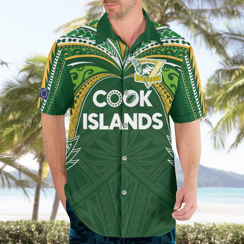 Custom Cook Islands Rugby League Hawaiian Shirt Tatau Tribal Motifs-Dark Green Color - Polynesian Pride