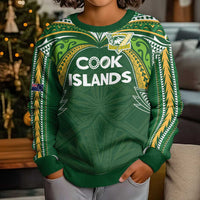 Custom Cook Islands Rugby League Kid Ugly Christmas Sweater Tatau Tribal Motifs-Dark Green Color - Polynesian Pride