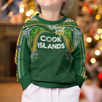 Custom Cook Islands Rugby League Kid Ugly Christmas Sweater Tatau Tribal Motifs-Dark Green Color - Polynesian Pride