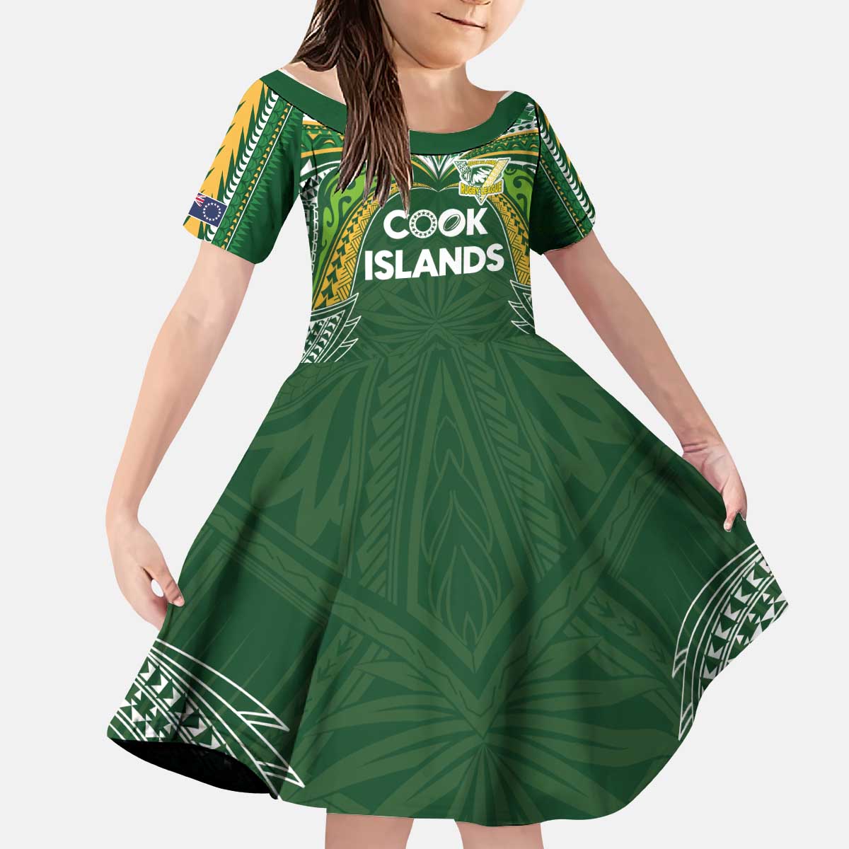 Custom Cook Islands Rugby League Kid Short Sleeve Dress Tatau Tribal Motifs-Dark Green Color - Polynesian Pride