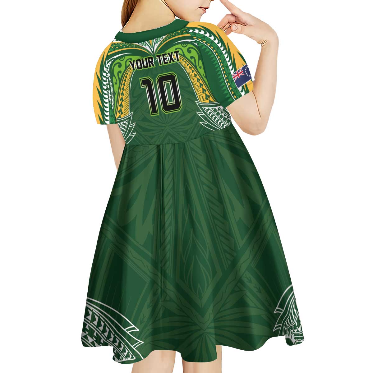 Custom Cook Islands Rugby League Kid Short Sleeve Dress Tatau Tribal Motifs-Dark Green Color - Polynesian Pride