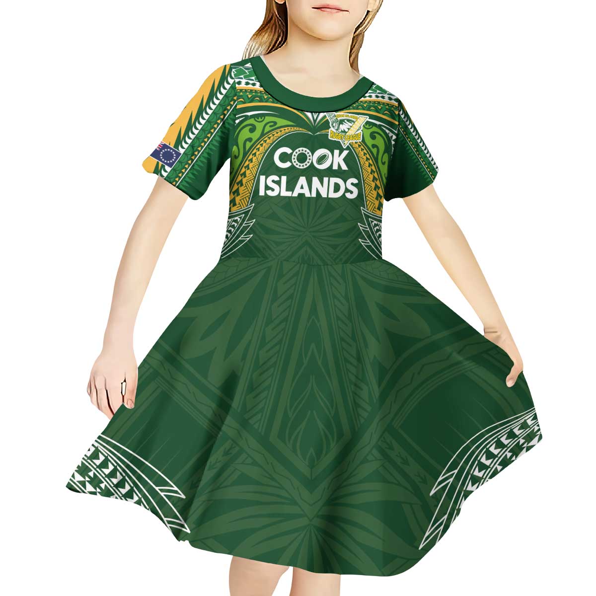 Custom Cook Islands Rugby League Kid Short Sleeve Dress Tatau Tribal Motifs-Dark Green Color - Polynesian Pride