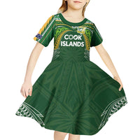Custom Cook Islands Rugby League Kid Short Sleeve Dress Tatau Tribal Motifs-Dark Green Color - Polynesian Pride