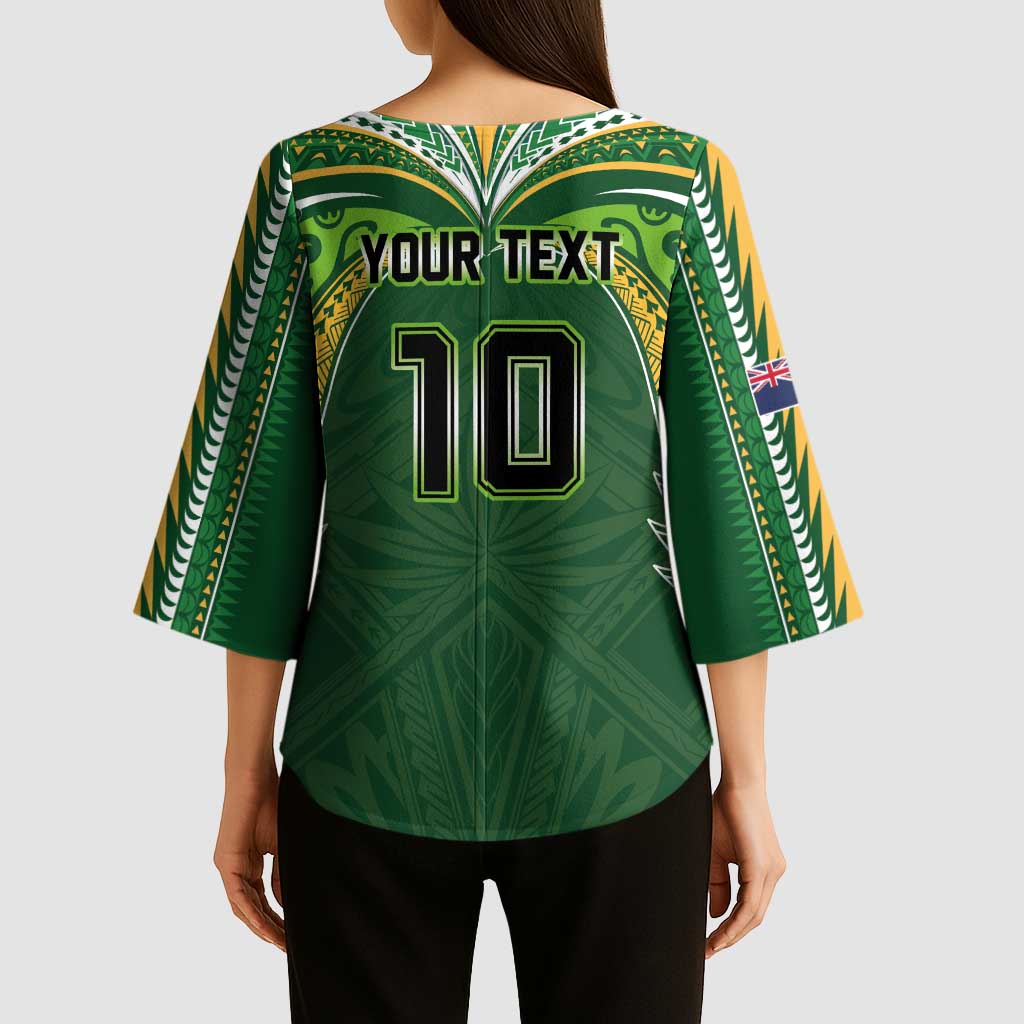 Custom Cook Islands Rugby League Kimono Sleeve Blouse Tatau Tribal Motifs-Dark Green Color - Polynesian Pride
