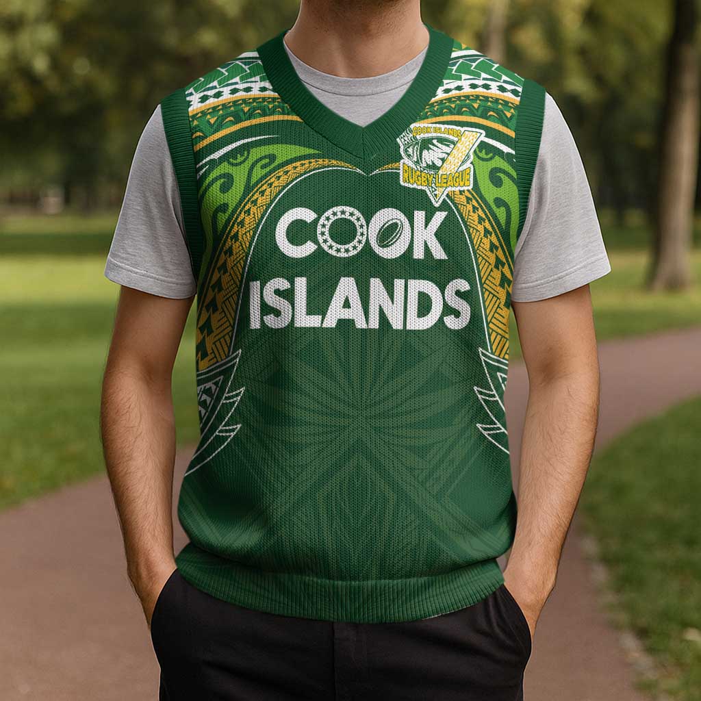 Custom Cook Islands Rugby League Christmas Knitted V-Neck Vest Tatau Tribal Motifs-Dark Green Color - Polynesian Pride