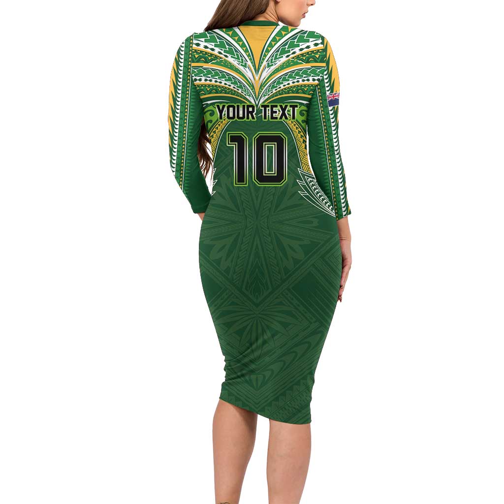 Custom Cook Islands Rugby League Long Sleeve Bodycon Dress Tatau Tribal Motifs-Dark Green Color - Polynesian Pride