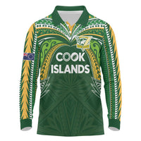 Custom Cook Islands Rugby League Long Sleeve Polo Shirt Tatau Tribal Motifs-Dark Green Color - Polynesian Pride