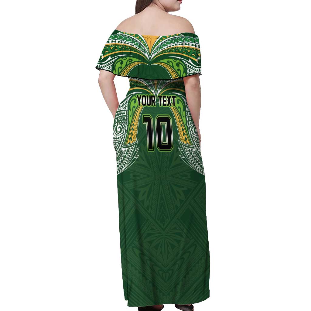 Custom Cook Islands Rugby League Off Shoulder Maxi Dress Tatau Tribal Motifs-Dark Green Color - Polynesian Pride