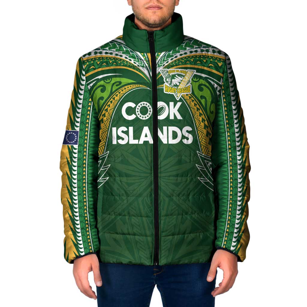 Custom Cook Islands Rugby League Padded Jacket Tatau Tribal Motifs-Dark Green Color - Polynesian Pride