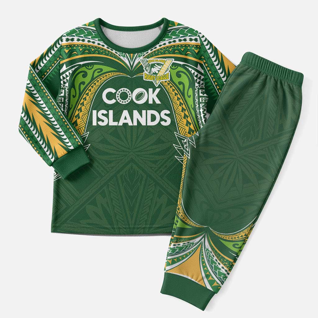 Custom Cook Islands Rugby League Christmas Pajama Set Tatau Tribal Motifs-Dark Green Color - Polynesian Pride